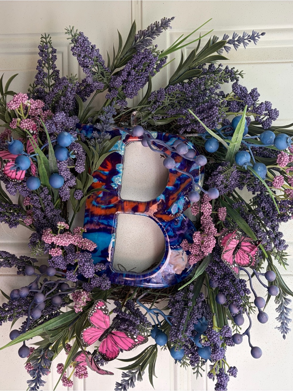 Handcrafted Blue and Purple Floral Initial Wreath - Letter B